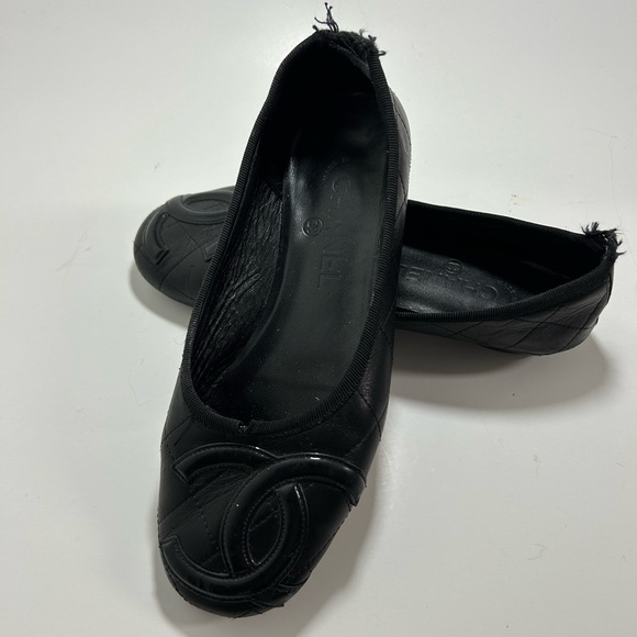 CHANEL Cambon Line Flat Shoes Leather Enamel Coco Mark CC Logo Size 7.5 Black - Picture 14 of 16